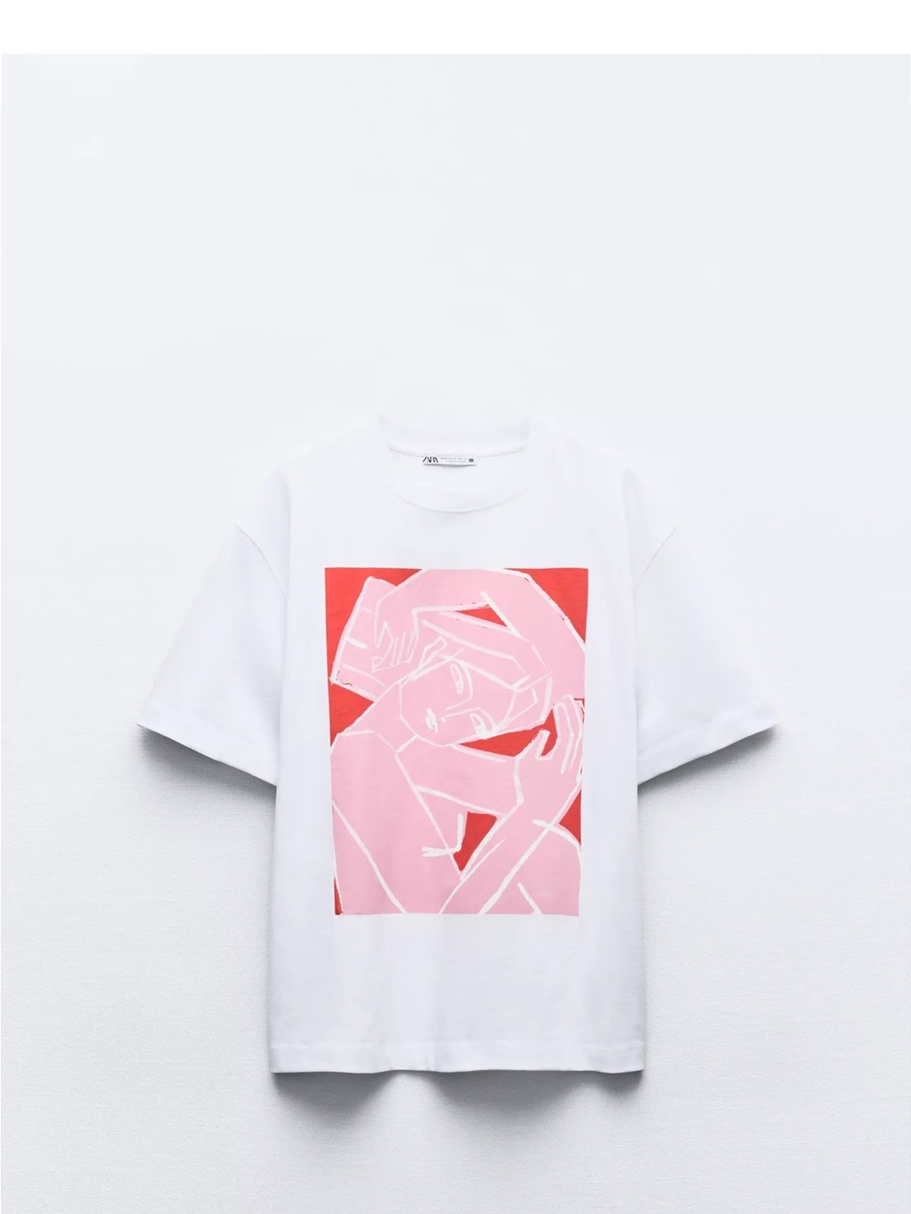 Zara White Tee with Pink Figurative Print on Red Block